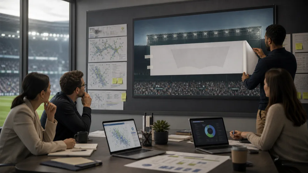 Marketing team studying a covered stadium-style brand sign as an example of recognition without a visible label.