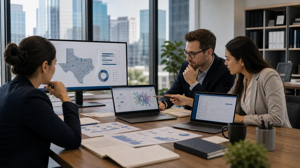 Accounting professionals reviewing Texas business finance signals, reconciliation workflows, and cash flow dashboards