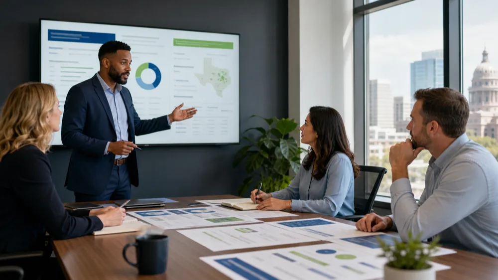 Insurance professionals reviewing Texas audience activity in a modern office