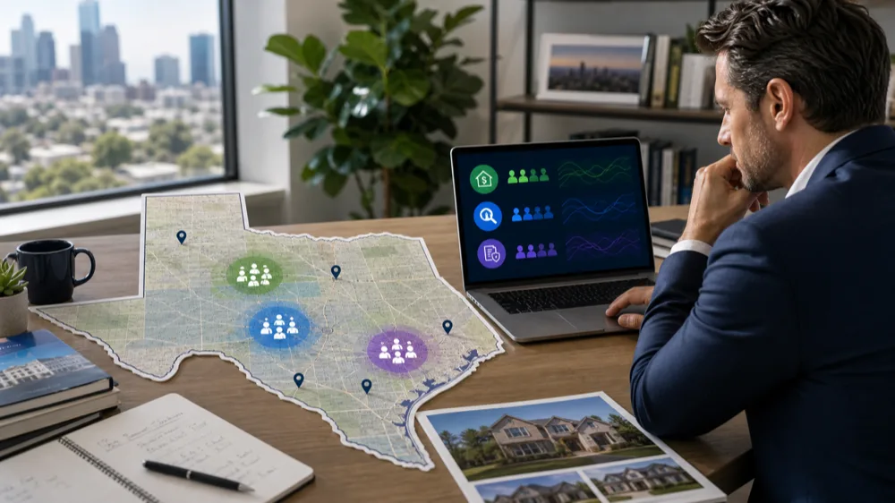 Texas real estate professional reviewing three intent audience clusters across a state map
