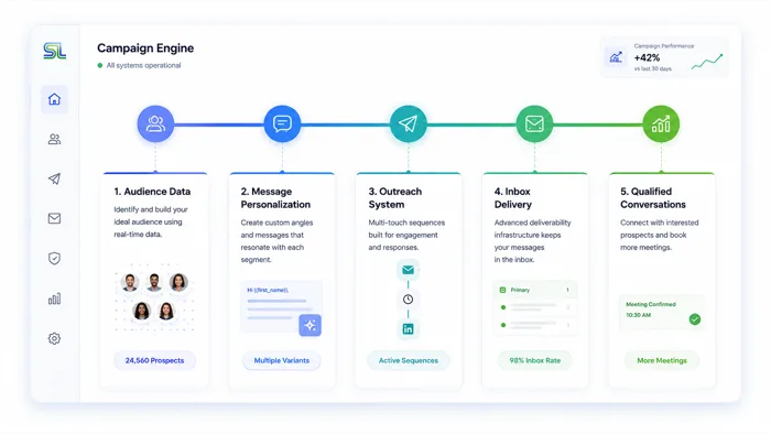 SimplyLinked Campaign Engine Dashboard showing Campaign Metrics