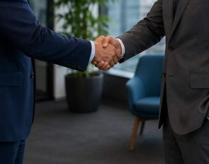 Two business professionals shaking hands in a modern office