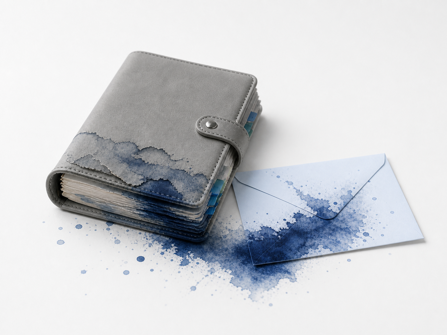 A damaged grey address journal leaking blue ink onto an outgoing envelope