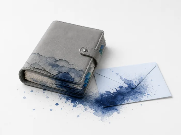 A damaged grey address journal leaking blue ink onto an outgoing envelope
