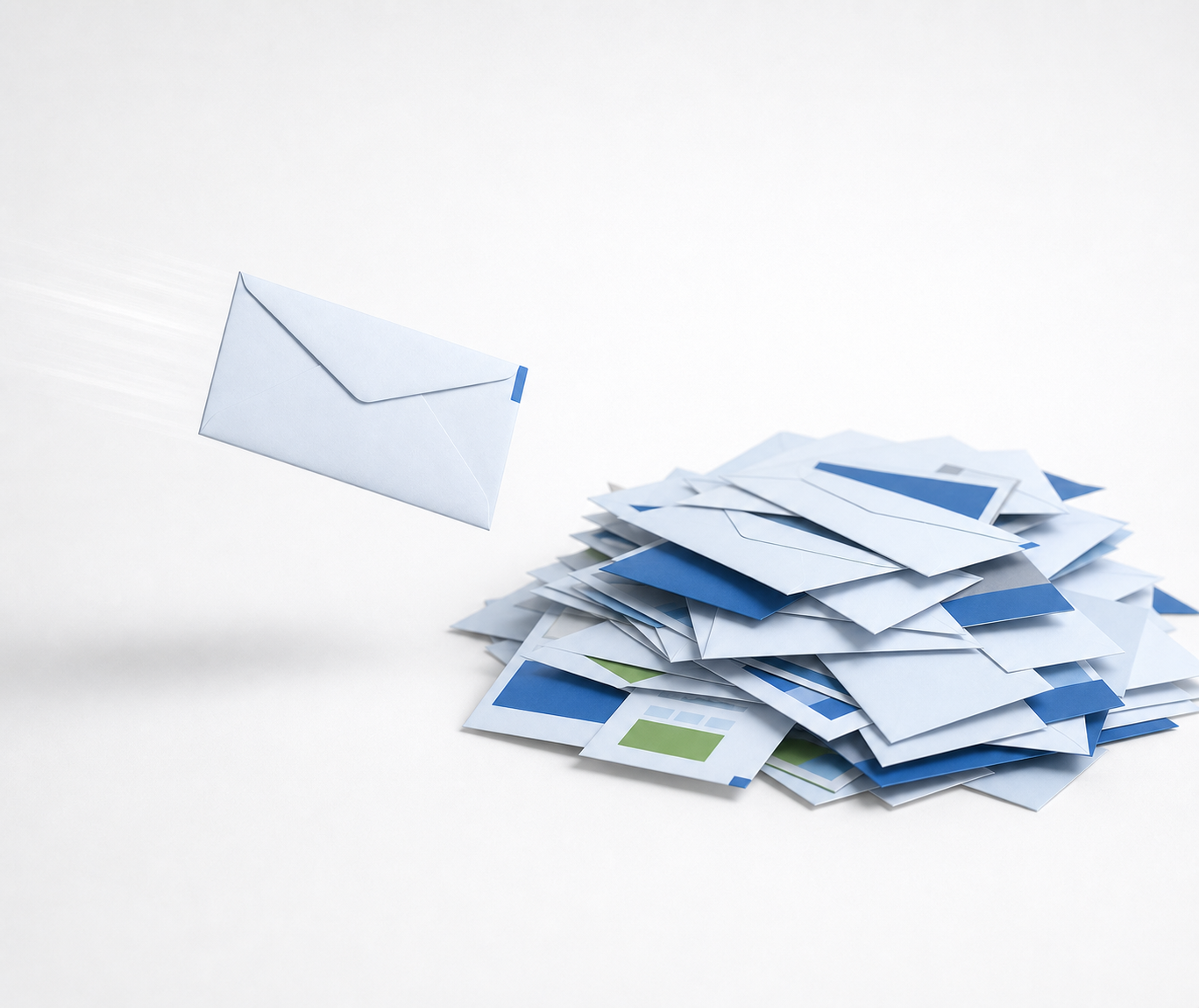 A generic envelope flying toward a discarded pile of unwanted mail