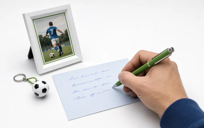 A hand writing a personalized note beside a soccer photo and keychain