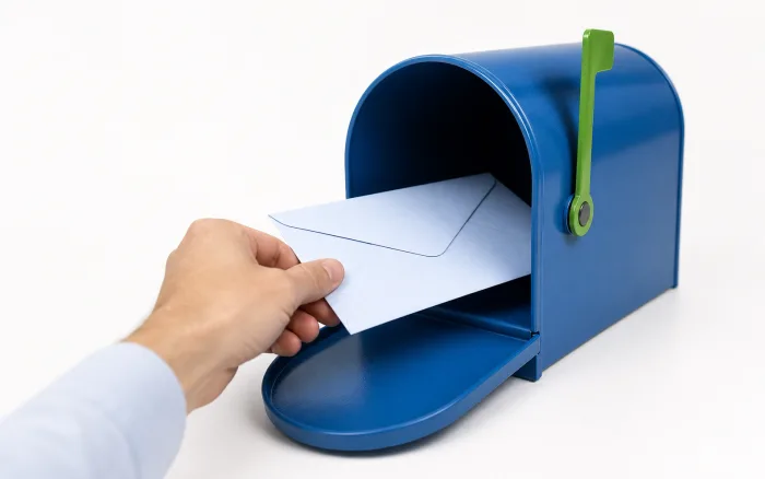 A hand placing a pale-blue letter into a blue mailbox