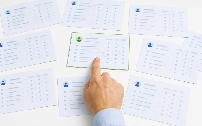 A hand selecting one highlighted contact record from scattered audience records
