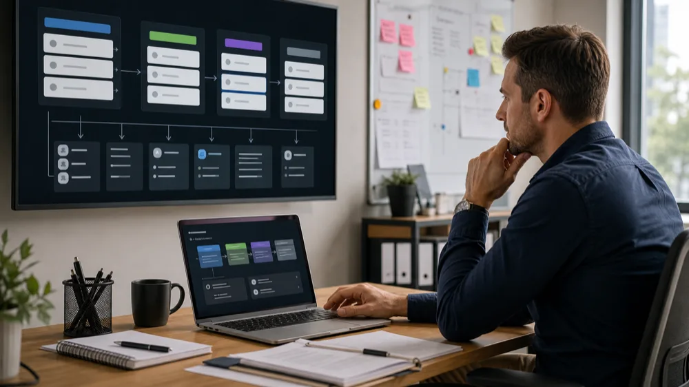 Middle manager reviewing workflow automation and implementation steps with a team