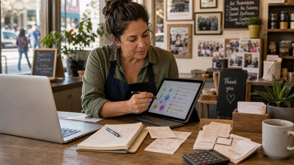 Local business owner reviewing customer acquisition signals on a tablet at a storefront counter