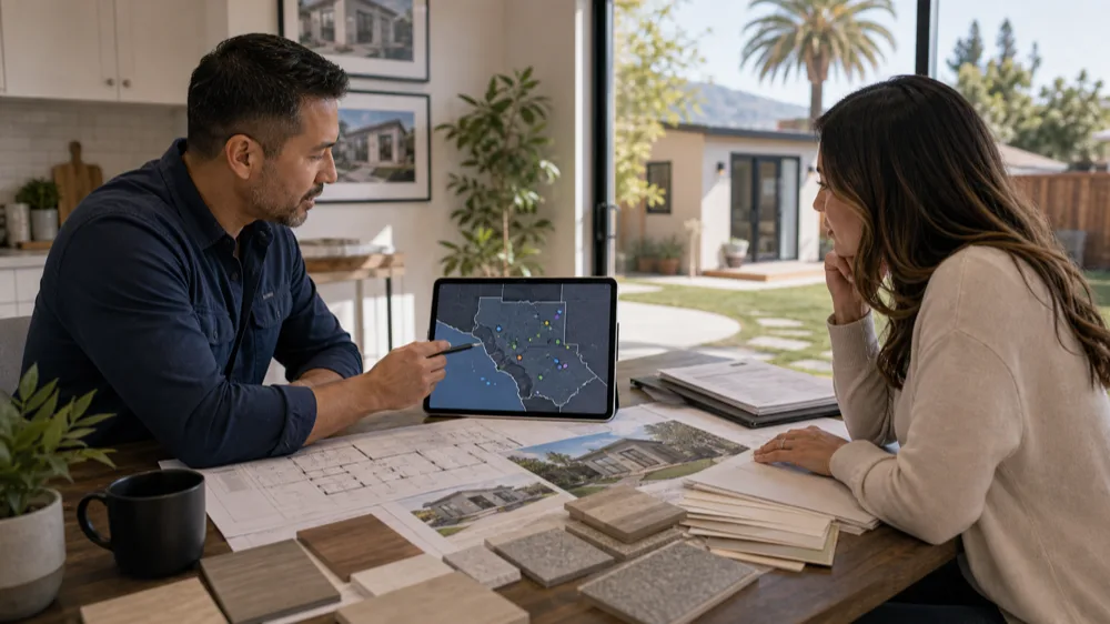 Contractor and homeowner reviewing ADU plans, home improvement signals, and a Southern California service-area map