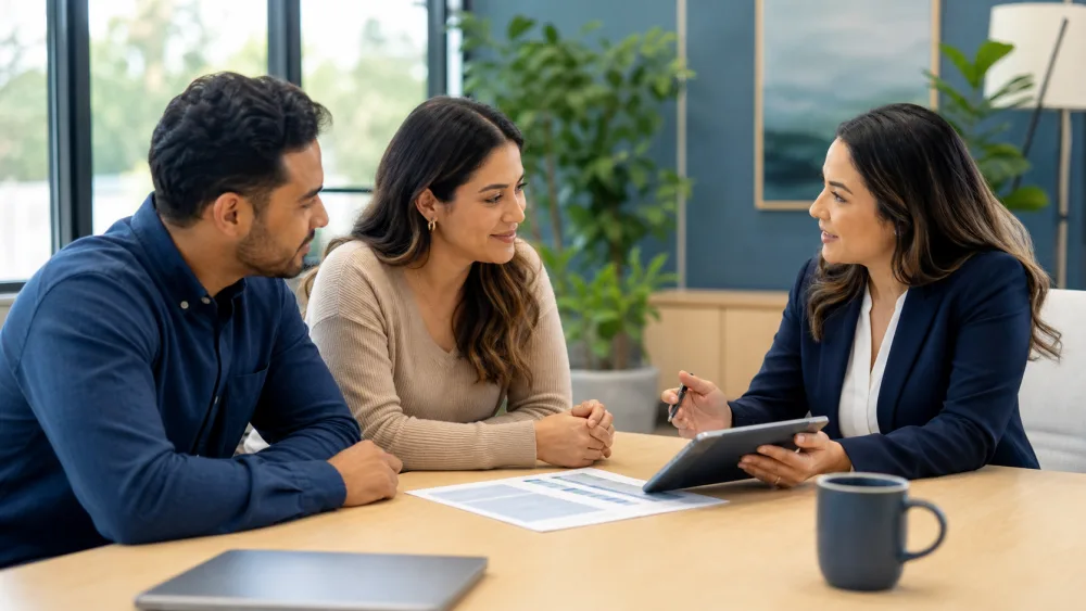 An insurance advisor leading an education-first planning conversation with a couple