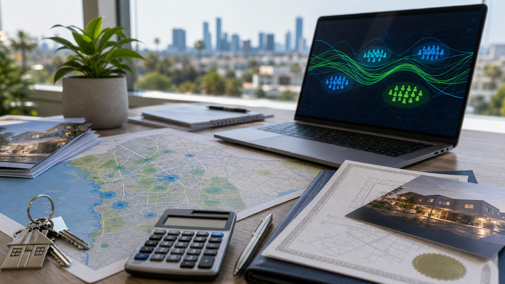 Real estate market map, home keys, and audience signals on a professional desk