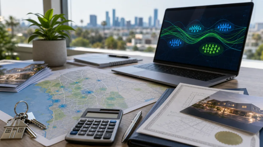Real estate market map, home keys, and audience signals on a professional desk