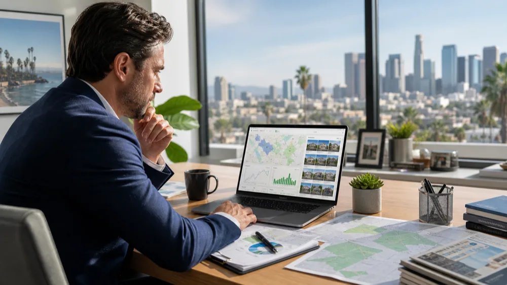 Real estate professional reviewing Los Angeles market signals and neighborhood activity