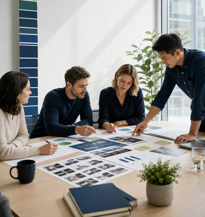 A marketing team collaborating around campaign plans beside an upward growth arrow.