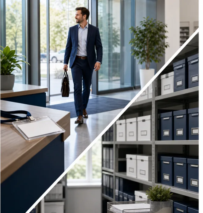 A business visitor entering an office above an organized records archive.